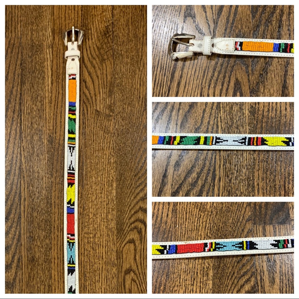 Vintage White Leather Beaded Belt